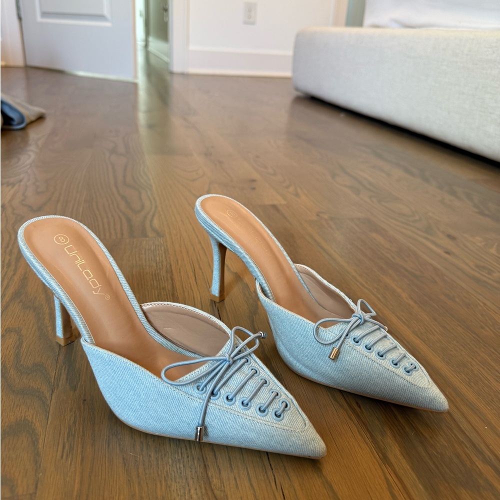 Denim Heeled Mules